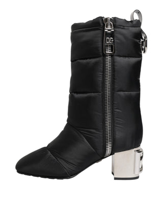 Dolce & Gabbana Black Padded Mid Calf Logo Heel Boots Shoes