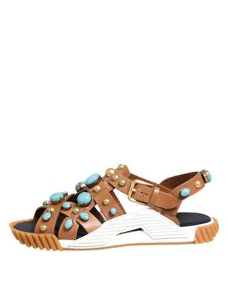 Dolce & Gabbana Brown Leather Studded Slides Sandals Shoes