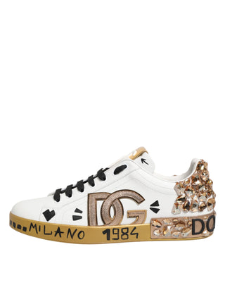 Dolce & Gabbana White Gold Crystal Portofino Sneakers Shoes
