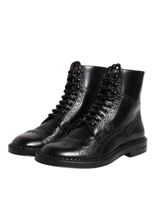 Dolce & Gabbana Black Leather Lace Up Mid Calf Boots Shoes