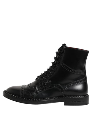 Dolce & Gabbana Black Leather Lace Up Mid Calf Boots Shoes