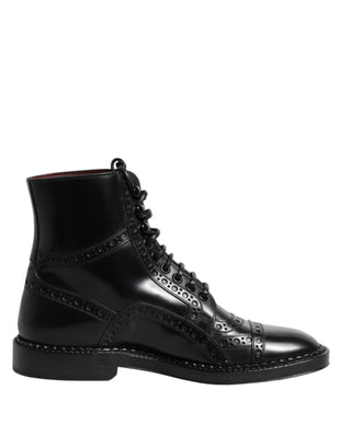 Dolce & Gabbana Black Leather Lace Up Mid Calf Boots Shoes