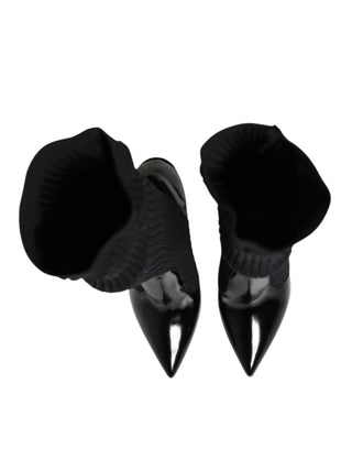 Dolce & Gabbana Black Leather Ribbed Knit Knee Boots Shoes