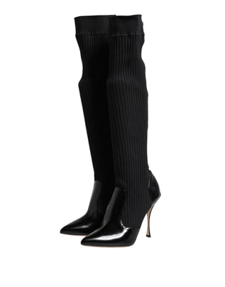 Dolce & Gabbana Black Leather Ribbed Knit Knee Boots Shoes
