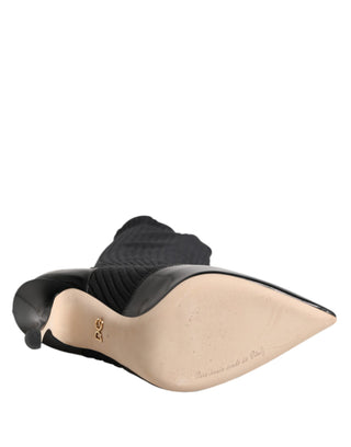 Dolce & Gabbana Black Leather Ribbed Knit Knee Boots Shoes