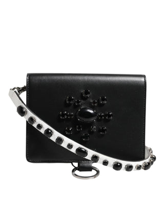 Dolce & Gabbana Black Leather Crystal Embellished Card Holder Wallet