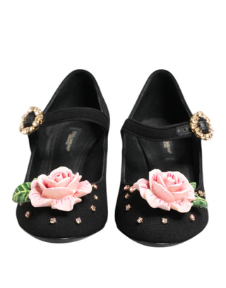 Dolce & Gabbana Black Flower Crystal Embellished Mary Jane Shoes