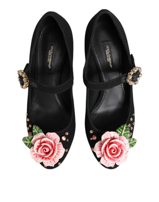 Dolce & Gabbana Black Flower Crystal Embellished Mary Jane Shoes