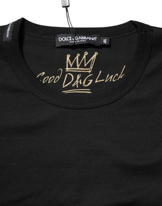Dolce & Gabbana Black Cotton Goodluck Tee Crew Neck T-shirt