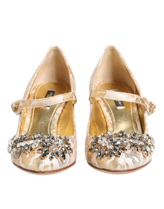 Dolce & Gabbana Gold Jacquard Crystal Mary Janes Pumps Shoes