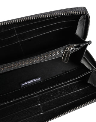 Dolce & Gabbana Black Gray Leopard Leather Zip Around Continental Wallet