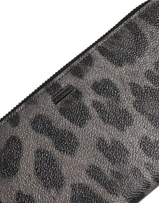 Dolce & Gabbana Black Gray Leopard Leather Zip Around Continental Wallet