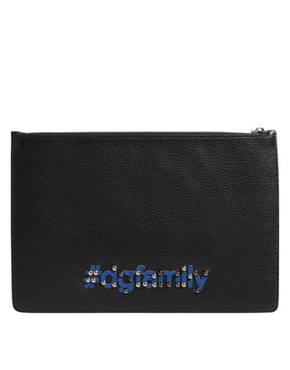 Dolce & Gabbana Black Leather #DGFAMILY Embellished Men Clutch Pouch Bag