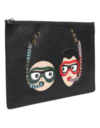 Dolce & Gabbana Black Leather #DGFAMILY Embellished Men Clutch Pouch Bag