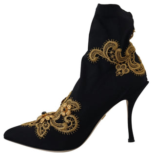 Dolce & Gabbana Black Gold Embroidery Crystal Boots Shoes