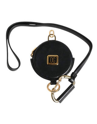 Dolce & Gabbana Black Round Leather DG Logo Coin Purse Lanyard Wallet