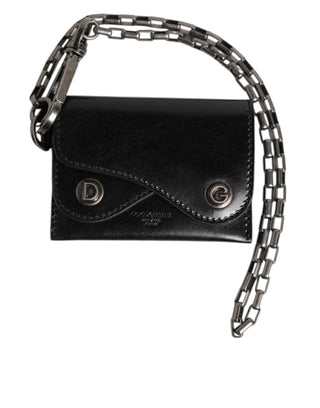 Dolce & Gabbana Black Cavallo Leather Wallet Chain Snap Bifold Card Holder