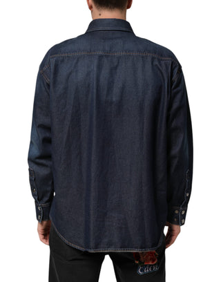 Dolce & Gabbana Blue Denim Button Casual Logo Patch Men Shirt