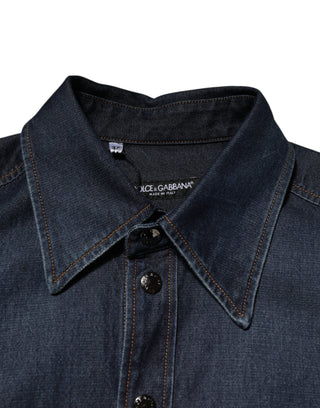 Dolce & Gabbana Blue Denim Button Casual Logo Patch Men Shirt