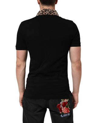 Dolce & Gabbana Black Cotton Leopard Collar Polo T-shirt
