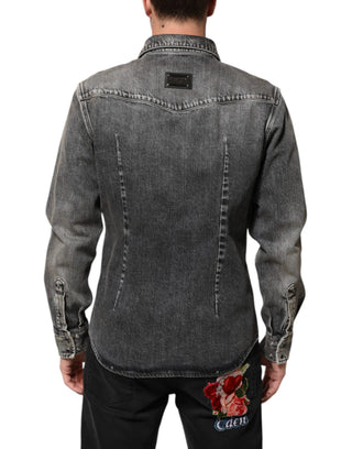 Dolce & Gabbana Black Washed Cotton Snap Long Sleeve Casual Shirt