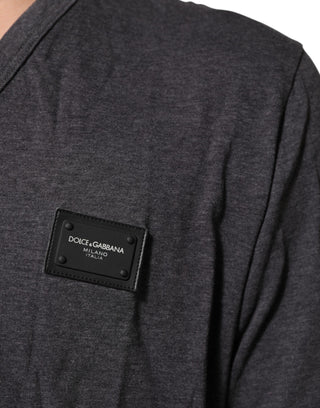 Dolce & Gabbana Grey Cotton V-Neck Logo Plaque Melange T-Shirt