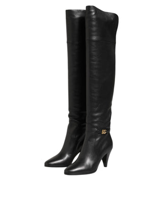 Dolce & Gabbana Black Leather Over-The-Knee DG Boots  Shoes