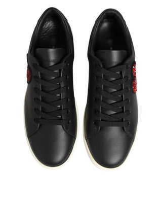 Dolce & Gabbana Black White Leather Crystal Heart Sneakers Shoes