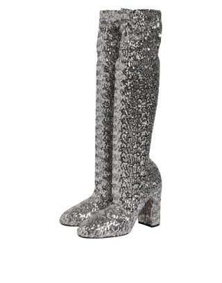 Dolce & Gabbana Shoes Silver Sequins Glitter High Heel Boot Shoes