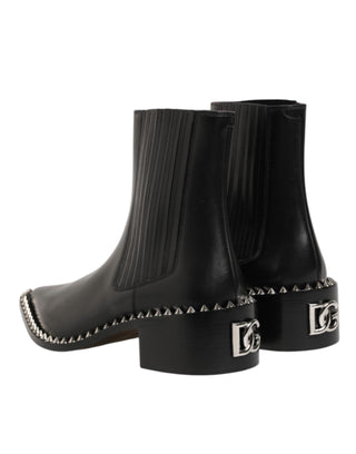 Dolce & Gabbana Black Leather Studded Men Short Boots Shoes