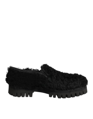 Dolce & Gabbana Dress Black Fur Leather Slippers Men Shoes