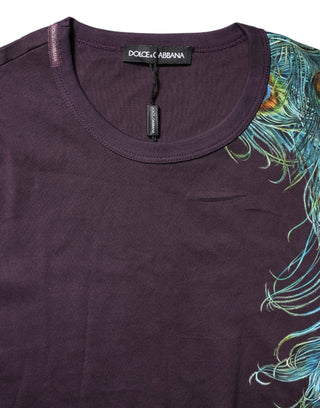 Dolce & Gabbana Violet Peacock Feather Men Crew Neck T-Shirt