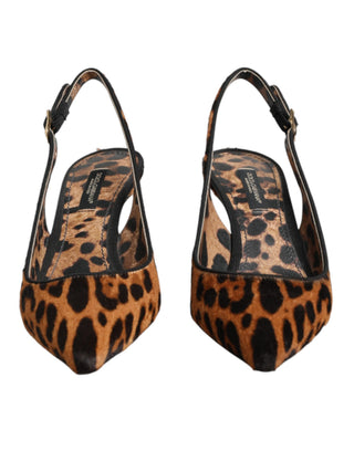 Dolce & Gabbana Brown Leopard Calfskin Fur Slingbacks Shoes