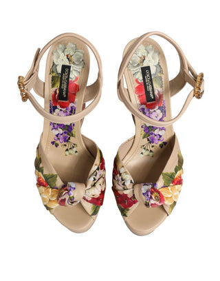 Dolce & Gabbana Beige Floral Ankle Strap Wedge Sandals Shoes
