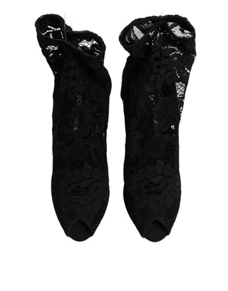 Dolce & Gabbana Black Stretch Taormina Lace Boots Shoes