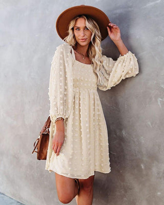 Square Collar Chiffon Polka Dots Short Lantern Sleeve Dress