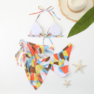 Abstract Printed Three Piece Lace-Up Swimsuit - IzzySauvage