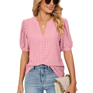 Casual V Neck Puff Sleeve Loose Fitting Shirt - IzzySauvage