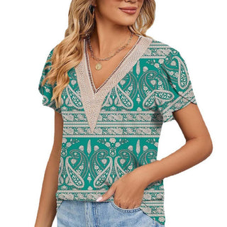 Short Sleeve Solid V Neck Hollow Cut Out Top - IzzySauvage