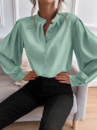 Shirt Women Clothes Half Open Collar Solid Color Loose Long Sleeves Elegant