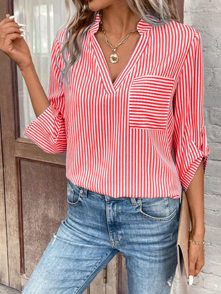 Goods Early Spring Women's Clothing V-neck Pullover Striped Printed Long Sleeves Casual Women Shirt