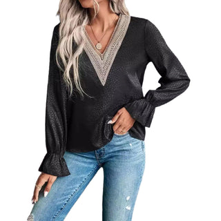 Lace V Neck Pullover Leopard Print Shirt Women Jacquard Long Sleeved Shirt