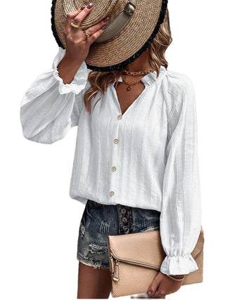 Women Shirt Half Open Collar Ruffle Sleeve Chiffon Striped Elegant Top Women