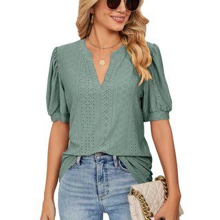 Casual V Neck Puff Sleeve Loose Fitting Shirt - IzzySauvage
