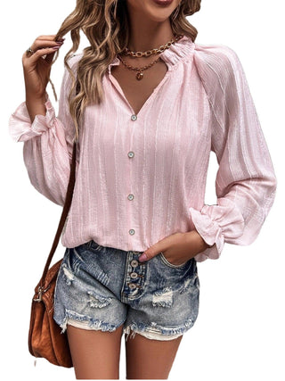 Women Shirt Half Open Collar Ruffle Sleeve Chiffon Striped Elegant Top Women