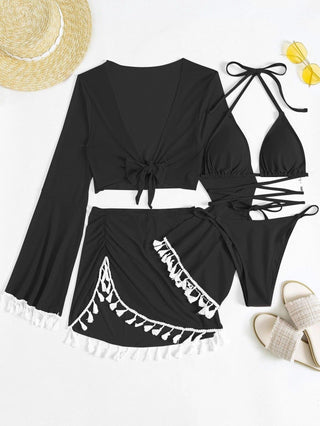 Tassel Lace-Up Long Sleeve Swimsuit Three or Four Piece - IzzySauvage