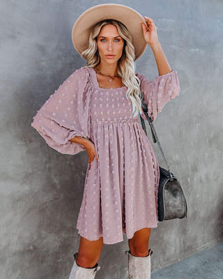 Square Collar Chiffon Polka Dots Short Lantern Sleeve Dress