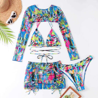 Graffiti Printed Long Sleeve Trendy Three Piece Swimsuit - IzzySauvage