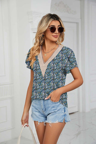 Short Sleeve Solid V Neck Hollow Cut Out Top - IzzySauvage