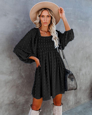 Square Collar Chiffon Polka Dots Short Lantern Sleeve Dress